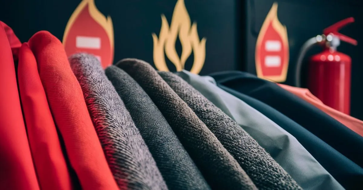 Assortment of fire-retardant textiles showcasing diverse textures and colors, emphasizing fire safety with flames and a fire extinguisher in the backdrop.